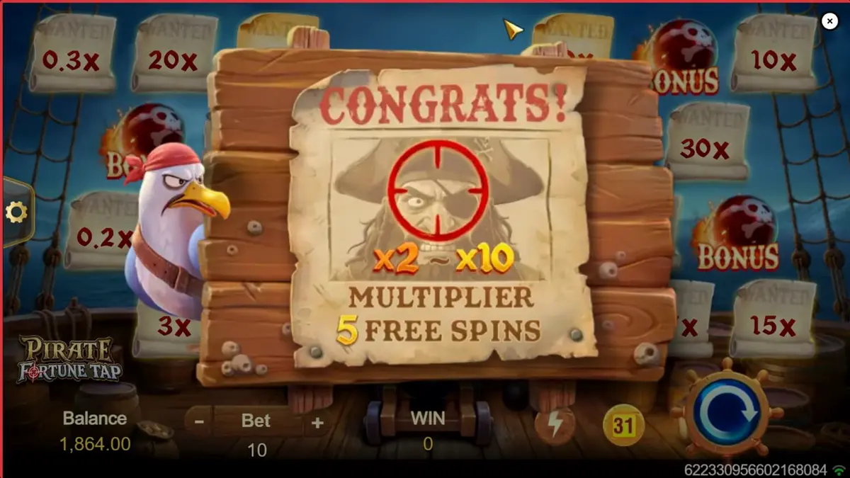Tampilan antarmuka permainan Pirate Fortune Tap dengan meriam dan target bajak laut.