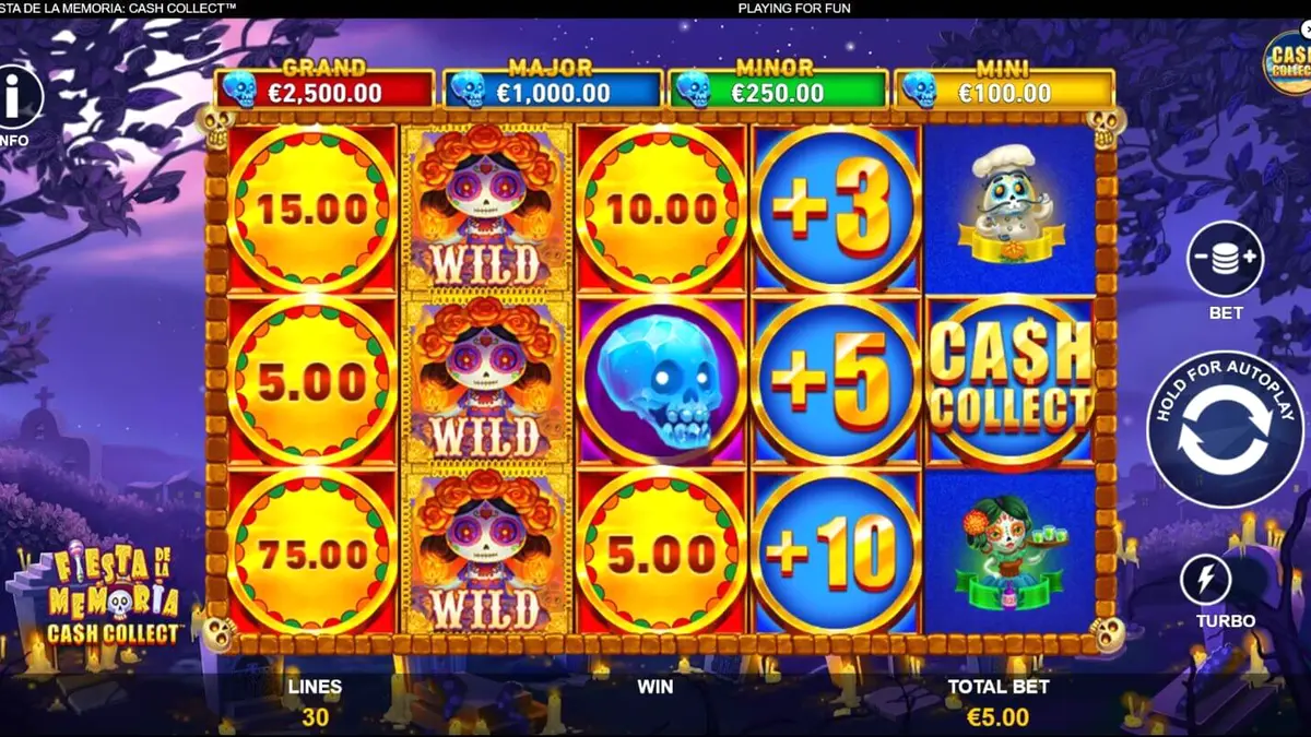 Tampilan visual neon penuh warna dari slot Fiesta de la Memoria Cash Collect